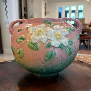 Vintage Roseville 🌹 White Roses Planter Bowl in Pink, size # 388-7, c.1949❤️
